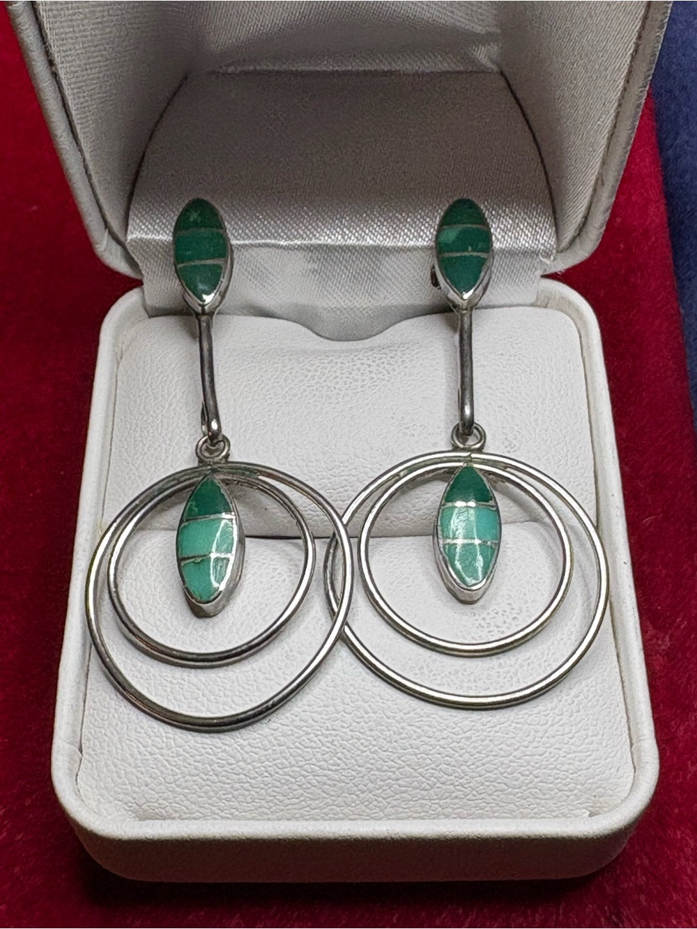 Earrings Sterling Silver Genuine Malachite & Turquoise Inlay Hoop Dangle